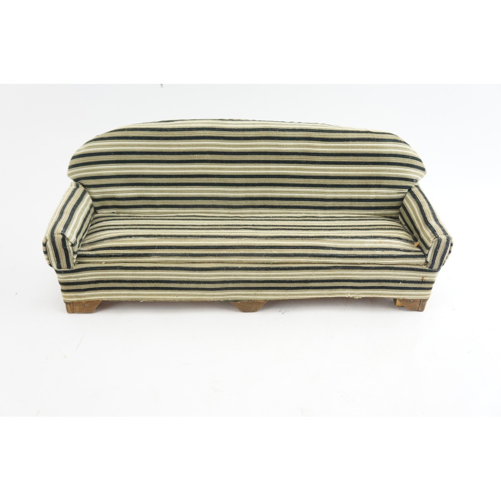 Vintage Handmade Dollhouse Sofa Miniature Striped Green Black Wood Frame VGC 13"